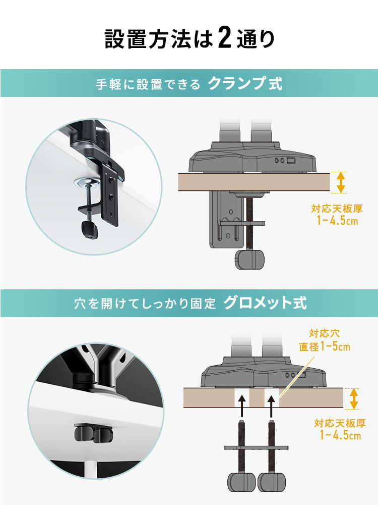 設置方法は2通りで、手軽に設置できるクランプ式と、穴を開けてしっかり固定グロメット式に対応