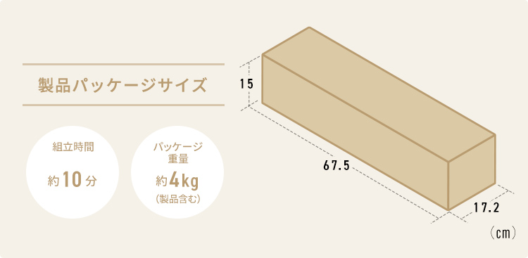 製品パッケージサイズ 組立時間約10分 パッケージ重量約4kg(製品含む)