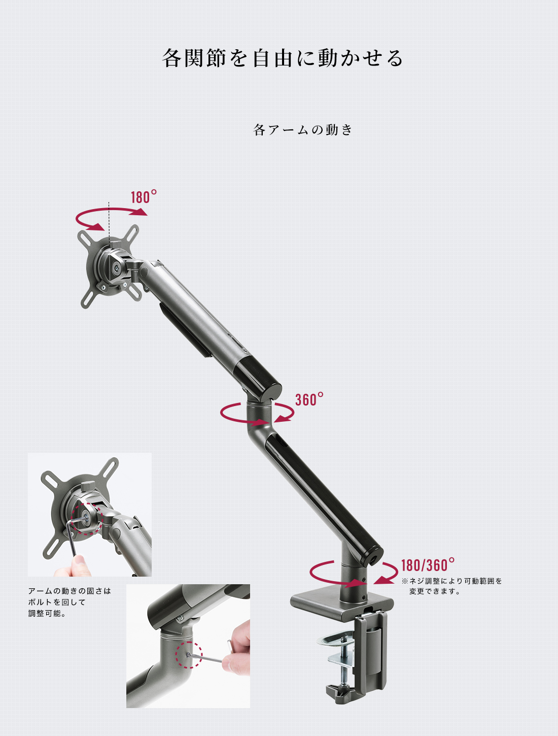 各関節を自由に動かせる。各アームの動き