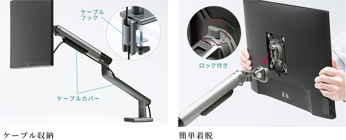 ケーブル収納、簡単着脱