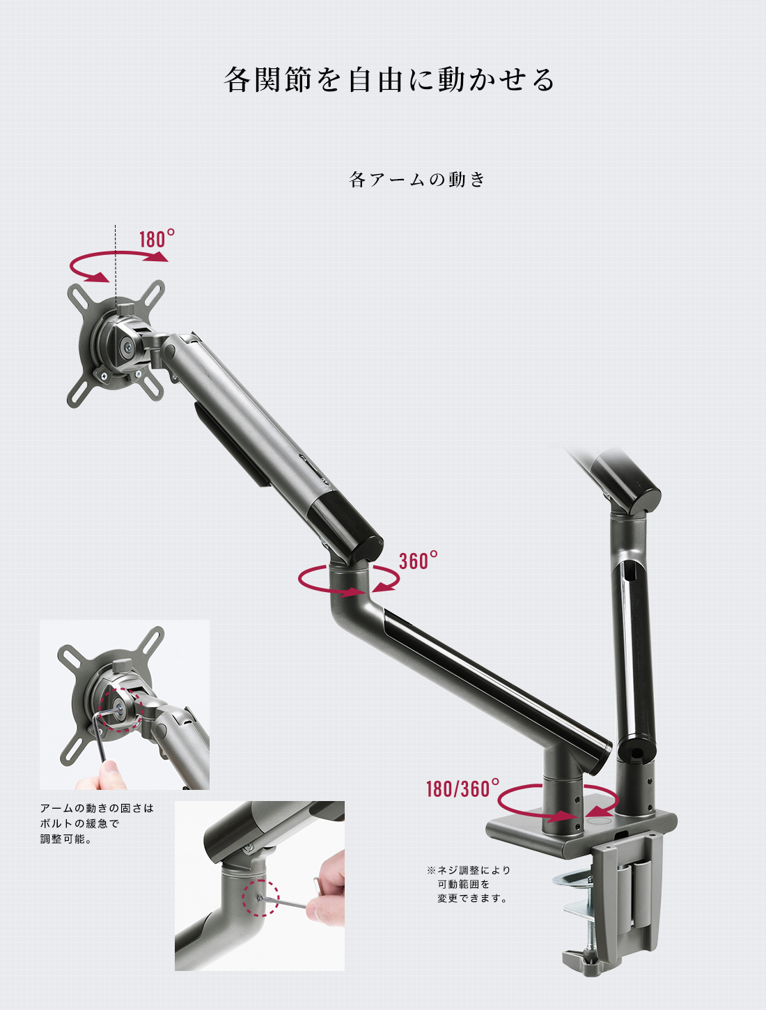 各関節を自由に動かせる。各アームの動き