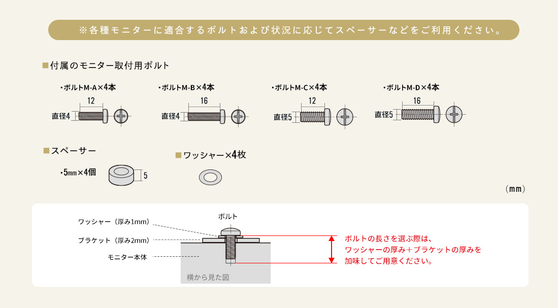 ※各種モニターに適合するボルトおよび状況に応じてスペーサーなどをご利用ください。