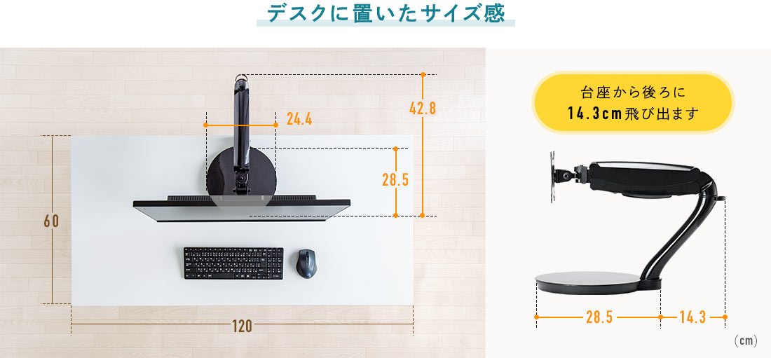 デスクに置いたサイズ感。台座から後ろに14.3cm飛び出ます