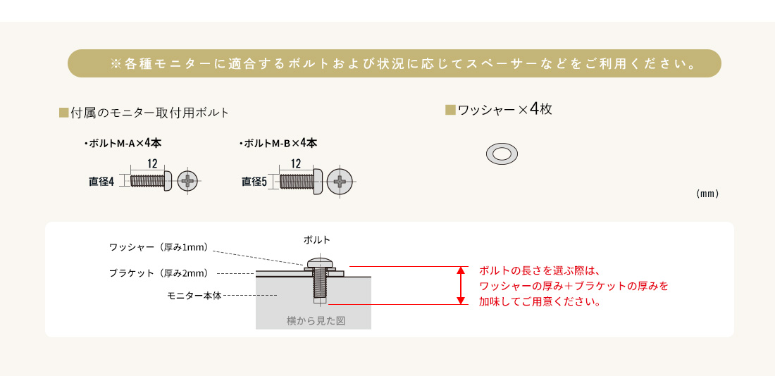 ※各種モニターに適合するボルトおよび状況に応じてスペーサーなどをご利用ください。