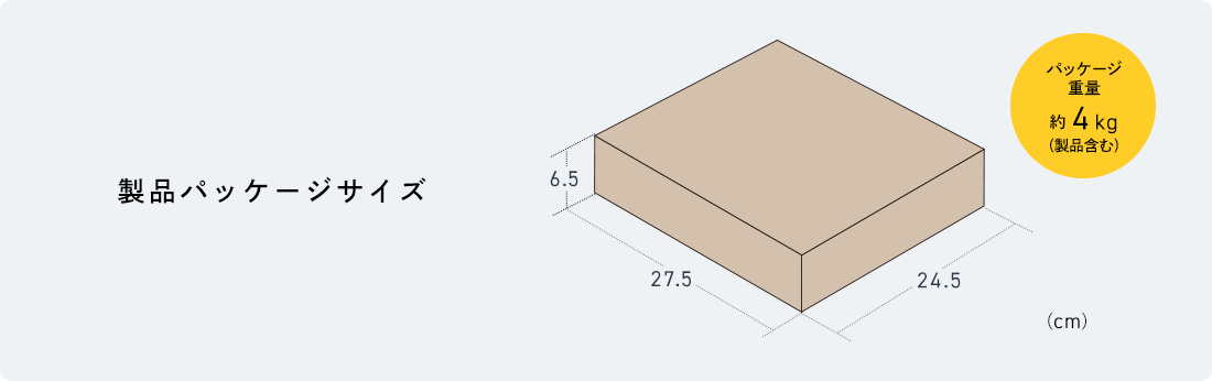 製品パッケージサイズ。パッケージ重量約4kg（製品含む）。
