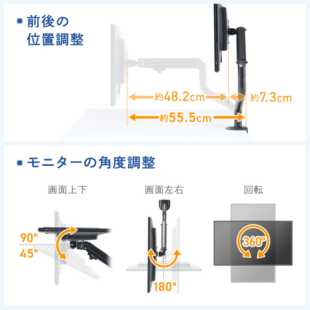 前後の位置調整 モニターの角度調整