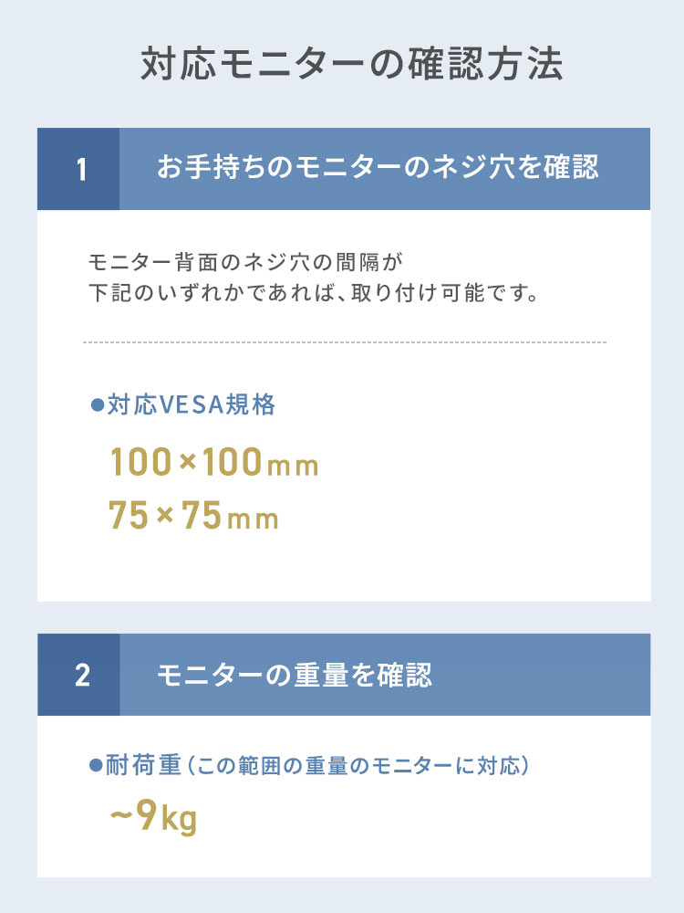 対応モニターの確認方法。お手持ちのモニターのネジ穴を確認、モニター背面のネジ穴の間隔が 下記のいずれかであれば、取り付け可能です。対応VESA規格は100×100mm、75×75mmです。モニターの重量を確認、耐荷重は9kgです。