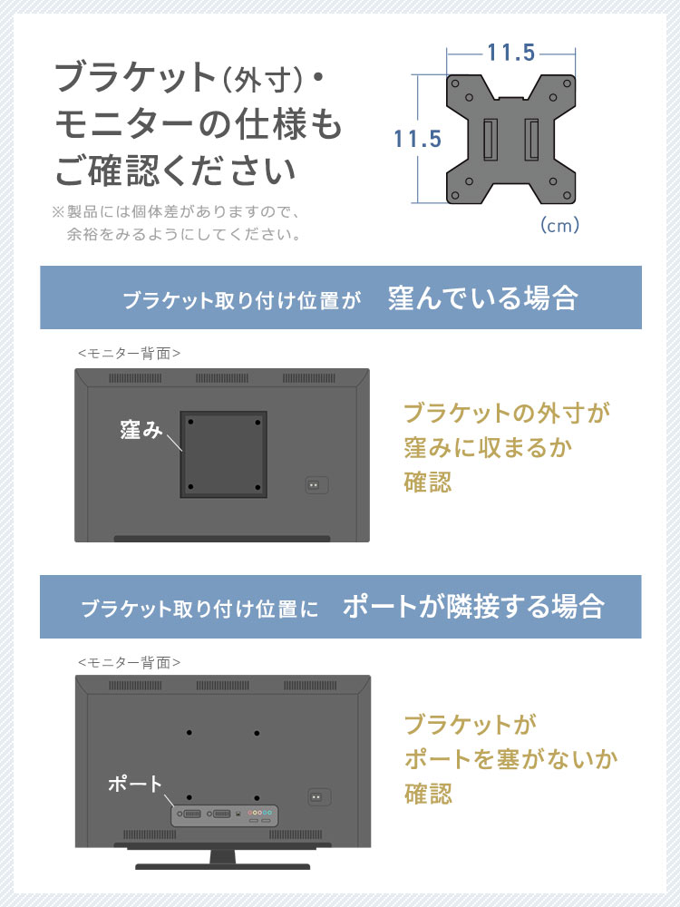 ブラケット(外寸)・ モニターの仕様も ご確認ください。ブラケット取り付け位置が窪んでいる場合はブラケットの外寸が 窪みに収まるか確認し、ブラケット取り付け位置にポートが隣接する場合はブラケットが ポートを塞がないか確認してください。