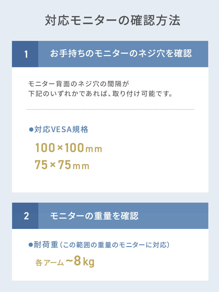 対応モニターの確認方法。お手持ちのモニターのネジ穴を確認、モニター背面のネジ穴の間隔が 下記のいずれかであれば、取り付け可能です。対応VESA規格は100×100mm、75×75mmです。モニターの重量を確認、耐荷重は8kgです。