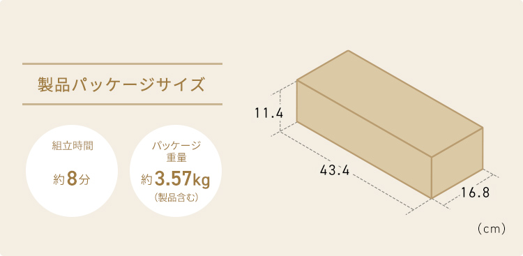 製品パッケージサイズは幅43.4cm×奥行き16.8cm×高さ11.4cm。組立時間は約8分、パッケージ重量約3.57kg(製品含む)です。