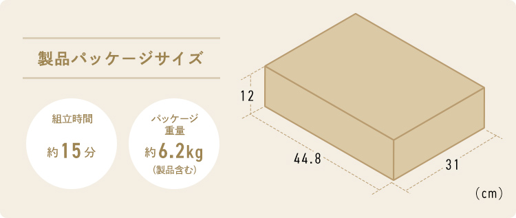 製品パッケージサイズ　組立時間約15分 パッケージ重量約6.2kg(製品含む)