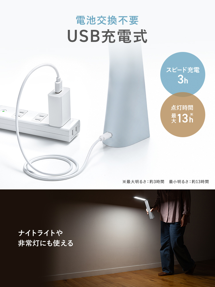 電池交換不要のUSB充電式で3時間で充電でき、点灯時間は最大13時間です。ナイトライトや非常灯にも使えます。
