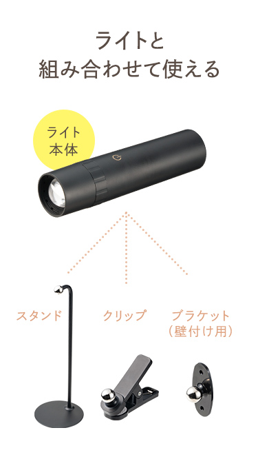 スタンド、クリップ、壁付け用ブラケットを、ライトと組み合わせて使えます。