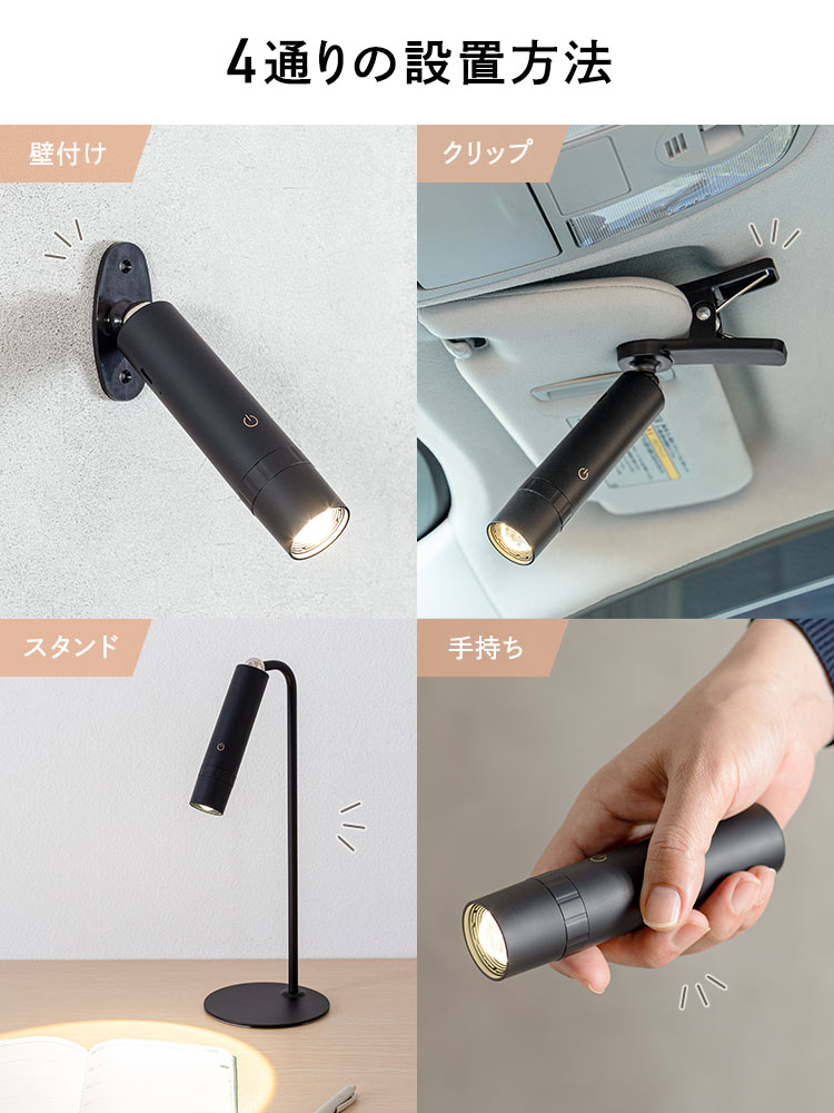壁付け、スタンド、クリップ、手持ちの、4通りの設置方法。
