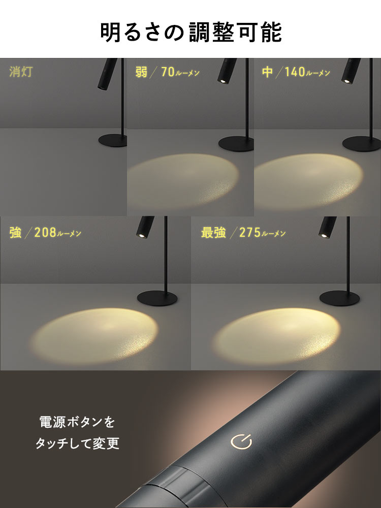 消灯、弱、70ルーメン、中、140ルーメン、強、208ルーメン、最強、275ルーメン、明るさの調整が可能で、電源ボタンをタッチして明るさを変更できます。