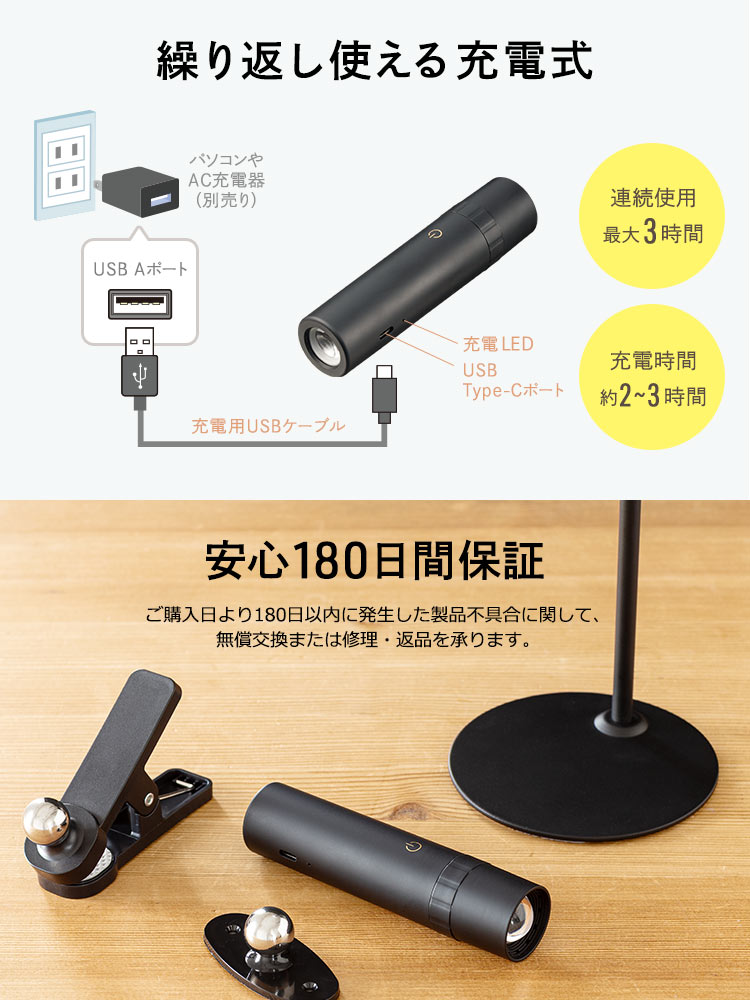 連続使用、最大3時間、充電時間、約2～3時間で、繰り返し使える充電式。また、安心180日間保証で、ご購入日より180日以内に発生した製品不具合に関して、無償交換、または修理・返品を承ります。