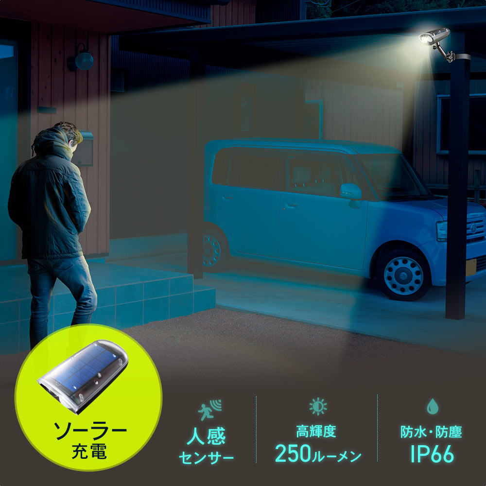 ソーラー充電 人感センサー 高輝度250ルーメン 防水・防塵IP6