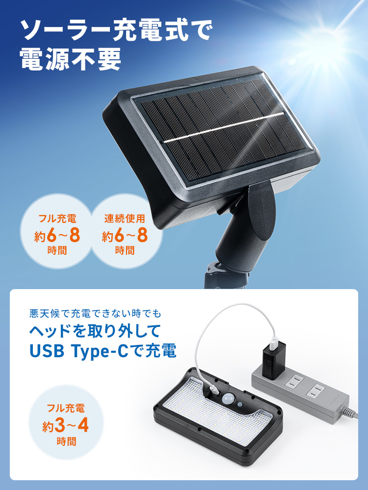 ソーラー充電式で電源不要。フル充電には約6~8時間かかり、連続使用も約6~8時間可能です。悪天候で充電できない場合でも、ヘッドを取り外してUSB Type-Cで充電できます。USB Type-Cでのフル充電は約3~4時間かかります。