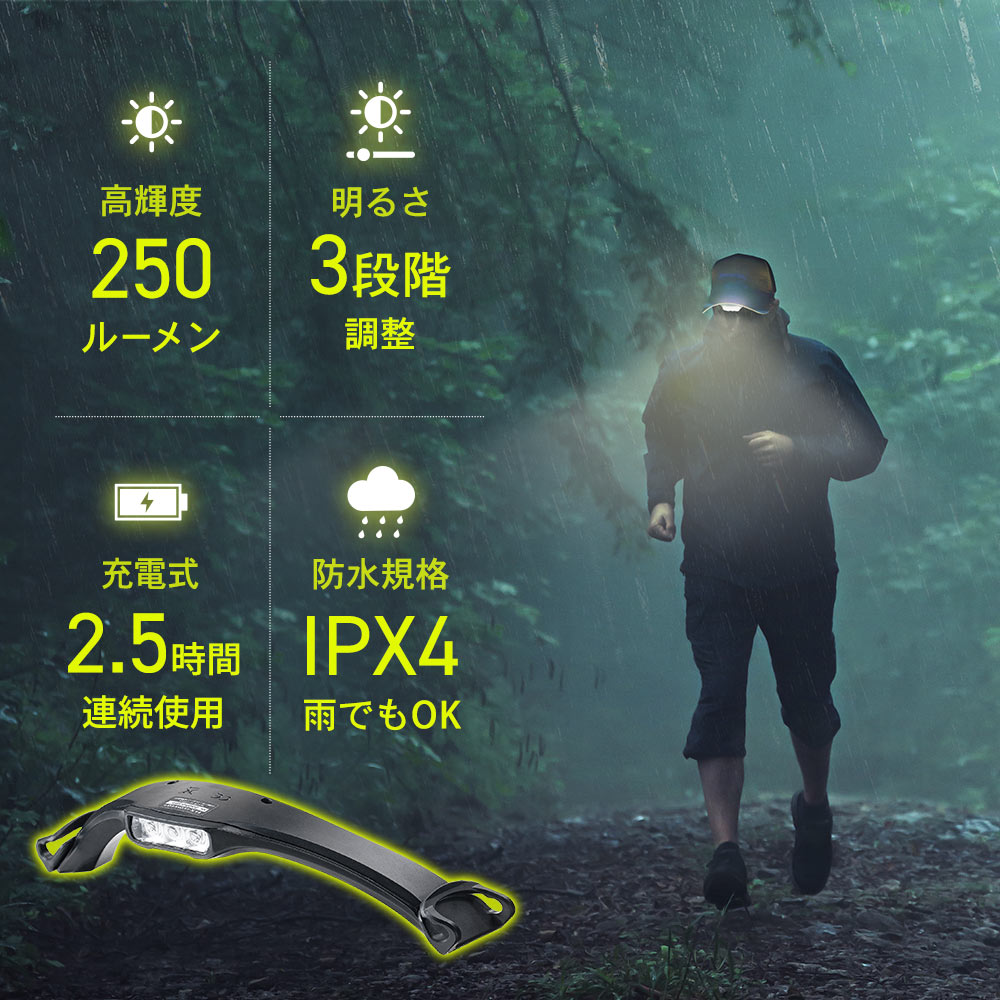 高輝度250ルーメン 明るさ3段階調整 充電式2.5時間連続使用 防水規格IPX4雨でもOK