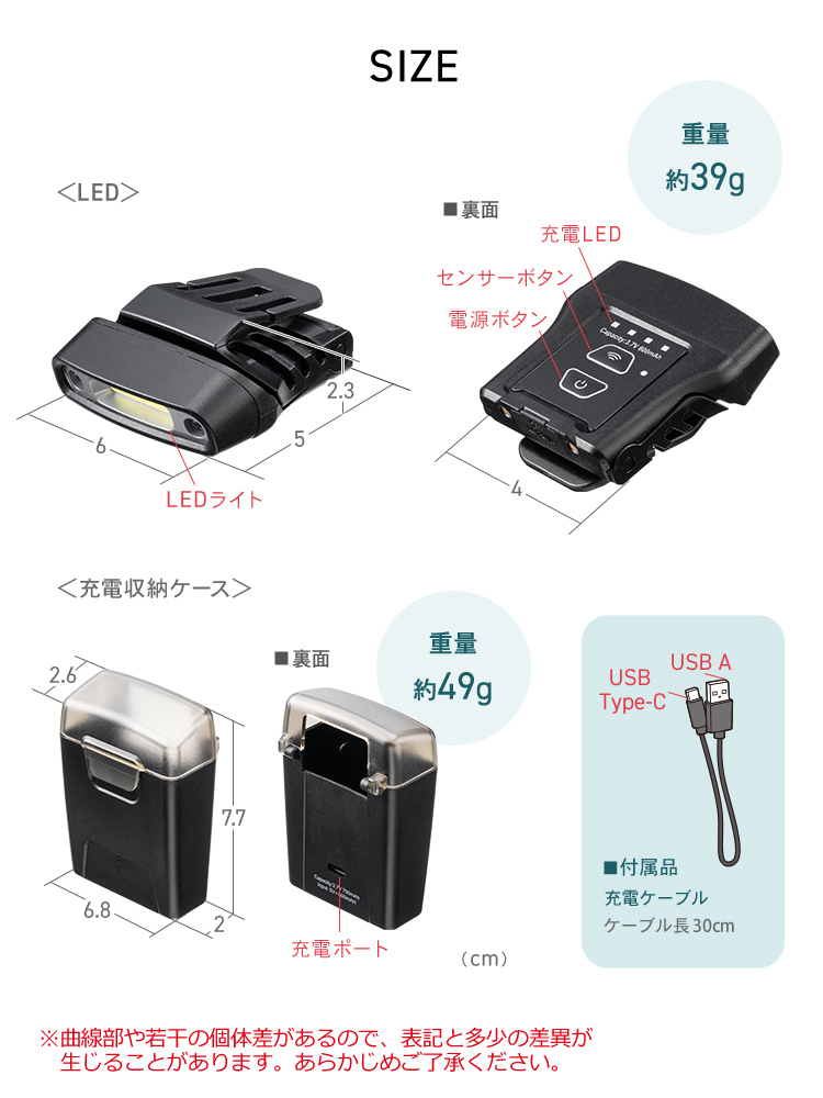 SIZE、本体サイズは幅6cm×奥行き5cm×厚み2.3cmで重量約39g、裏面には充電LED、センサーボタン、電源ボタンを搭載しています。充電収納ケースは幅6.8cm×奥行き2.6cm×高さ7.7cmで重量約49g、裏面には充電ポートを搭載しています。充電ケーブル長30cmの充電ケーブルを付属しています。