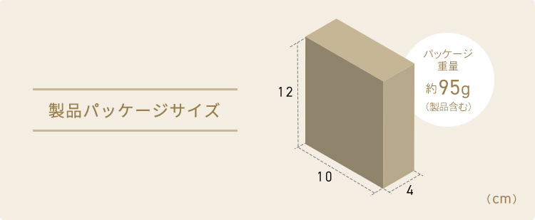 製品パッケージサイズ、幅10cm×奥行き4cm×高さ12cm。