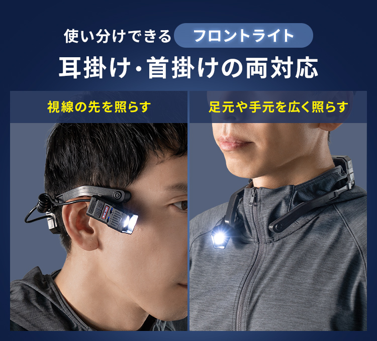 使い分けできるフロントライト。耳掛け・首掛けの両対応。