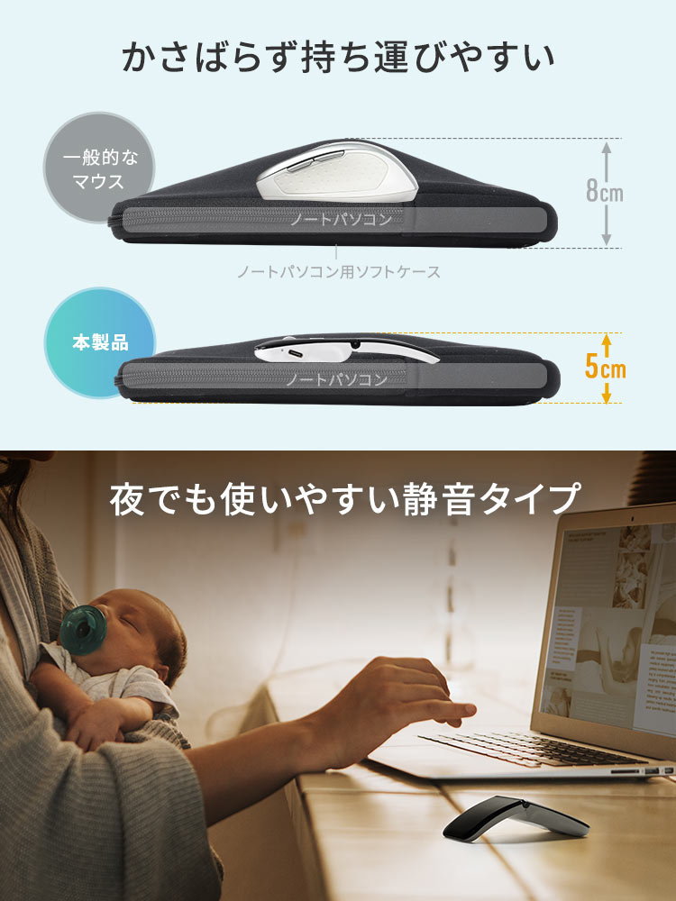 薄くてかさばらず、ノートパソコン用のソフトケースにもスッキリ収納できて持ち運びやすい。静音設計だから、夜でも気兼ねなく使えます。