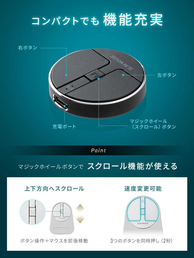 コンパクトでも機能充実。Point、マジックホイールボタンでスクロール機能が使える。ボタン操作＋マウスを前後移動で、上下方向へスクロール。3つのボタンを2秒間同時押しで、速度変更が可能。