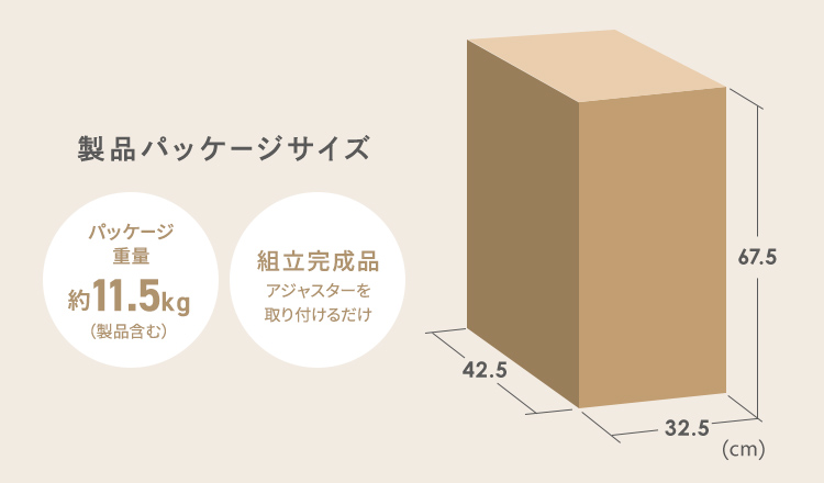 製品パッケージサイズは幅32.5cm×奥行き42.5cm×高さ67.5cm、パッケージ重量約11.5kg（製品含む）、アジャスターを取り付けるだけの組立完成品をお届けします。