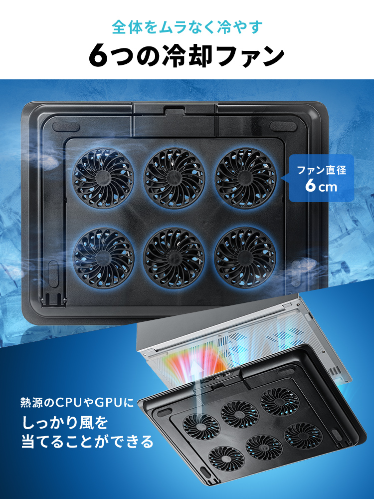 全体をムラなく冷やす6つの冷却ファン。熱源のCPUやGPUにしっかり風を 当てることができます