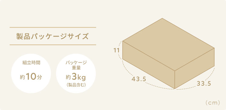 製品パッケージサイズ 組立時間約10分 パッケージ重量約3kg（製品含む）