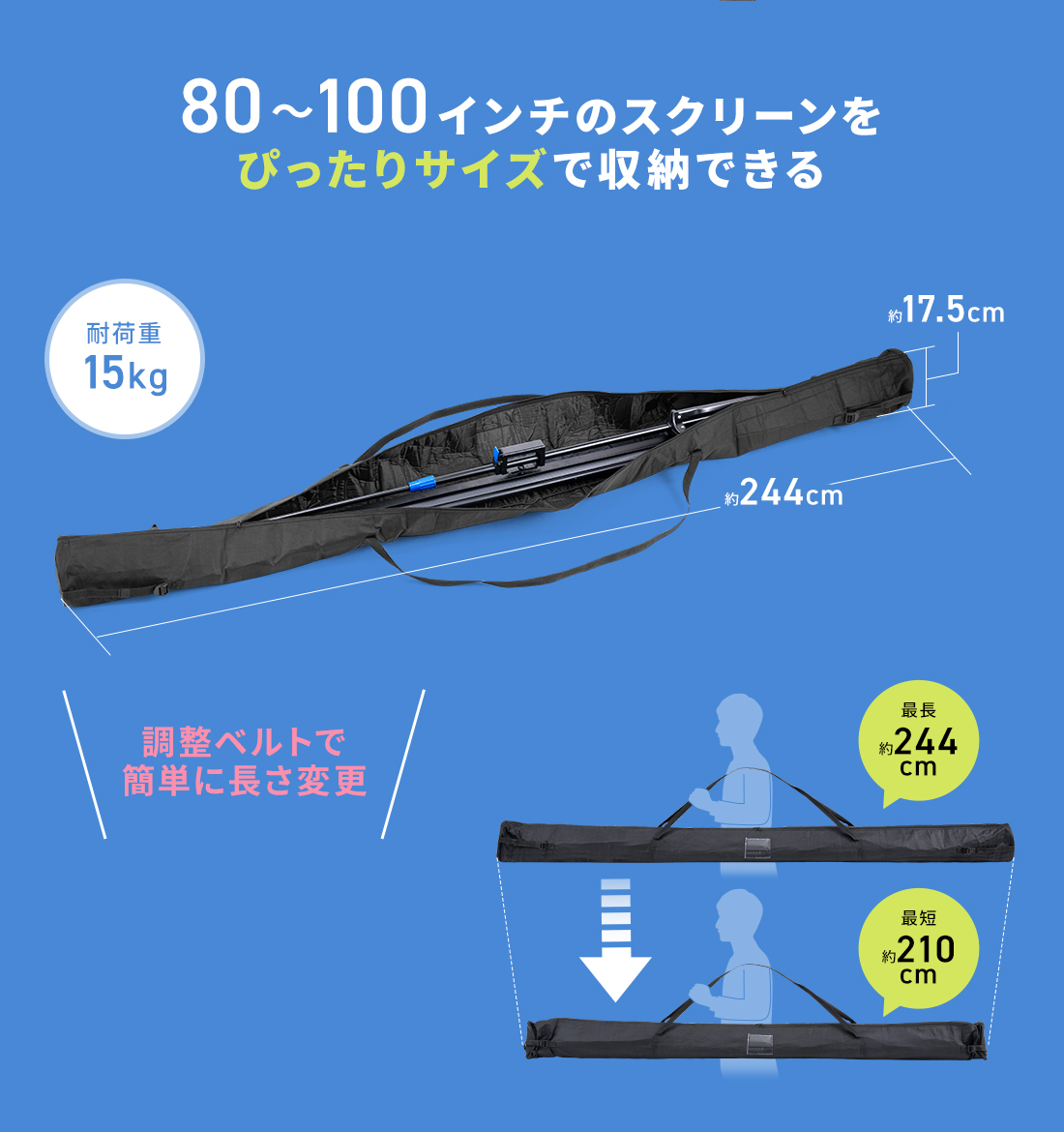 80〜100インチのスクリーンをぴったりサイズで収納できる。耐荷重15kg。最長約244cm。最短約210cm。