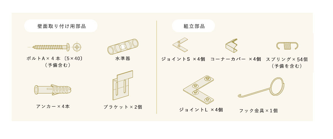 壁面取り付け用部品ボルトA×24本〔M4×8〕（予備含む）、水準器、アンカー×8本、ブラケット×4個 組立部品タッピングボルトA×8本(5×40)、スプリング×55個（予備含む）、保護シート、フック金具×1個