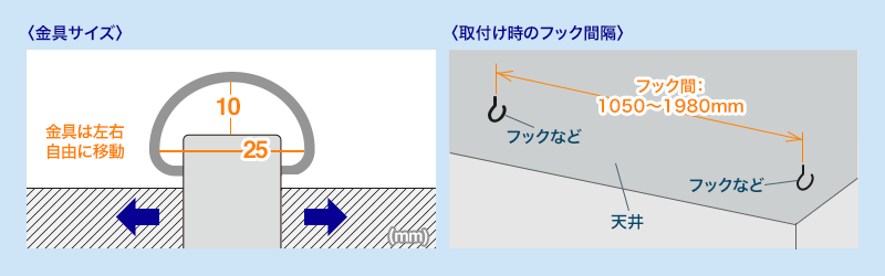 金具サイズ 取り付け時のフック間隔