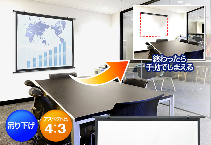 終わったら手動でしまえる 吊り下げ アスペクト比 4：3