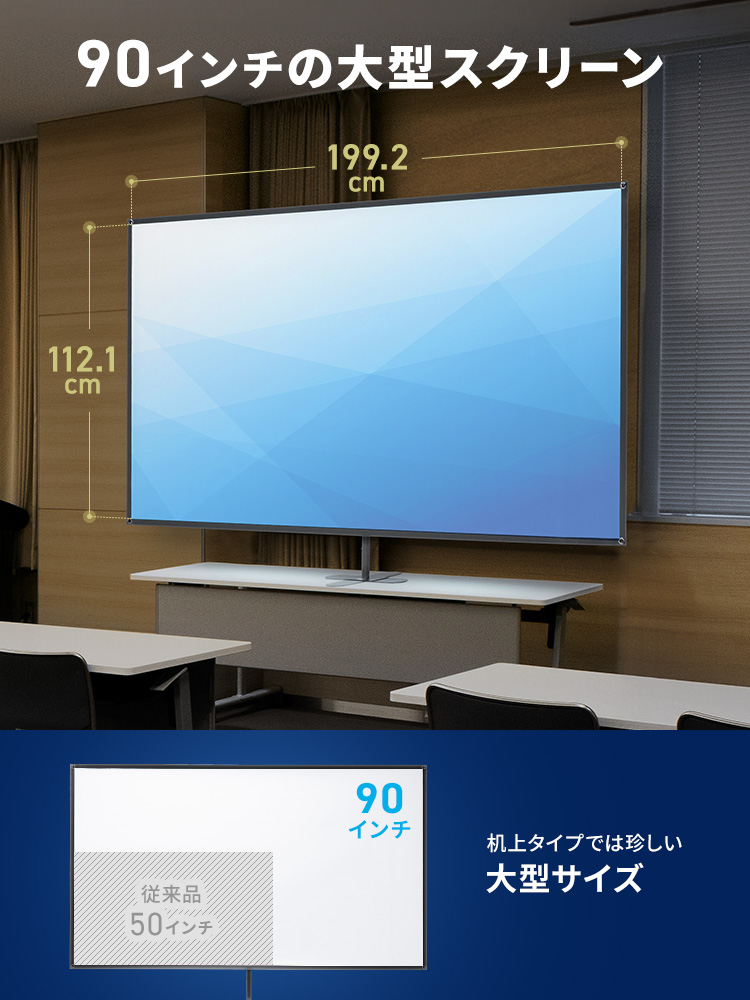 机上タイプでは珍しい90インチの大型スクリーン