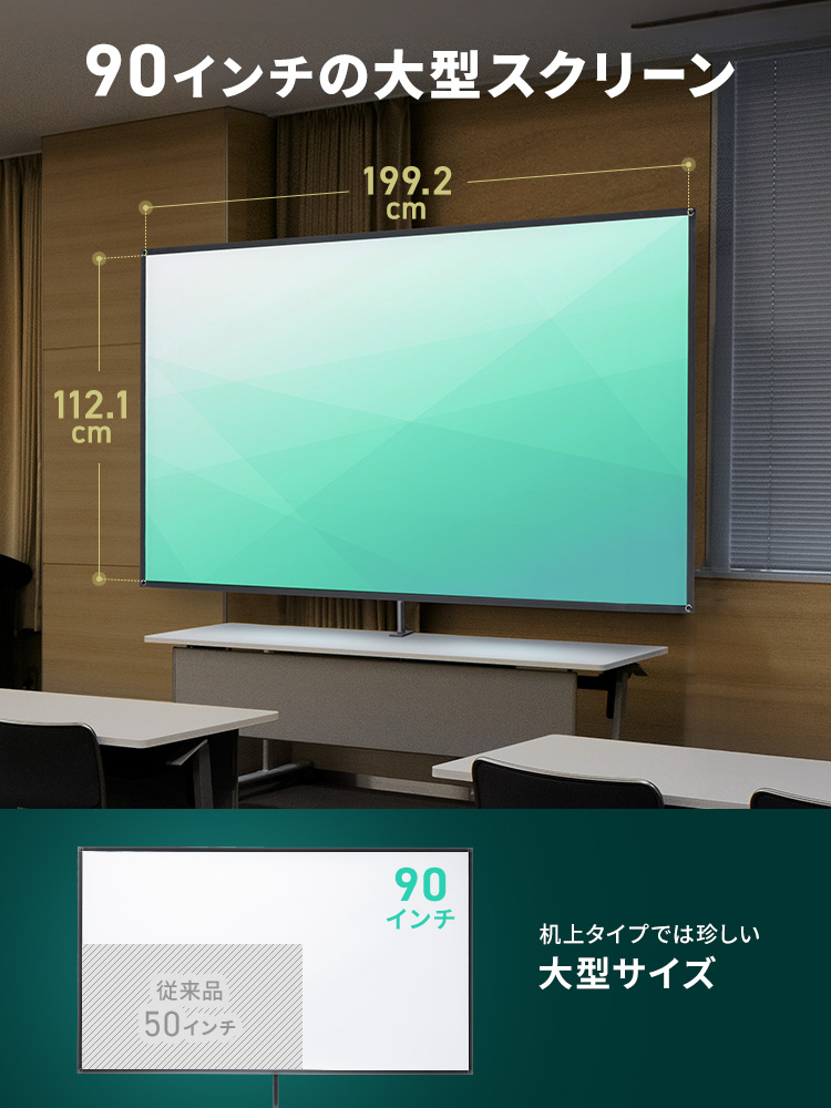 机上タイプでは珍しい90インチの大型スクリーン