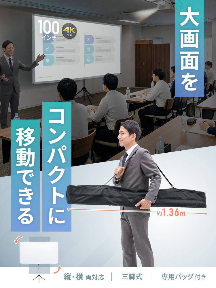 大画面をコンパクトに移動でき、縦・横両方に対応、三脚式の専用バッグ付きです。