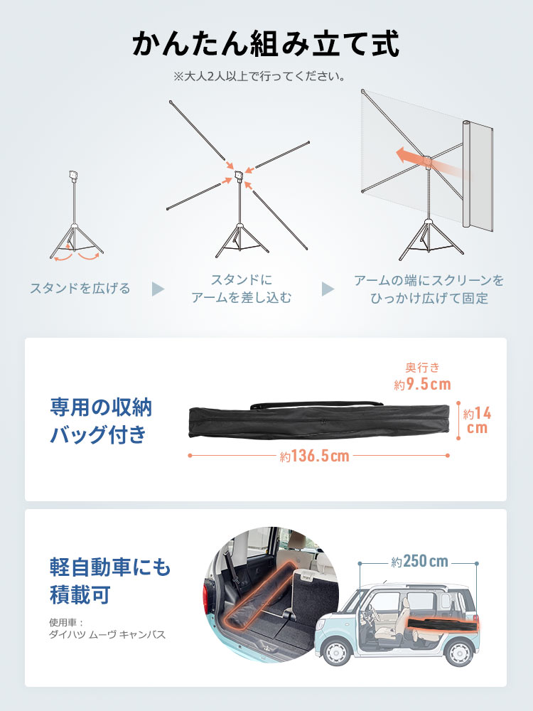 かんたん組み立て式、※大人2人以上で行ってください。1、スタンドを広げる、2、スタンドにアームを差し込む、3、アームの端にスクリーンをひっかけ広げて固定。専用の収納バッグ付きで、軽自動車にも積載可能です。