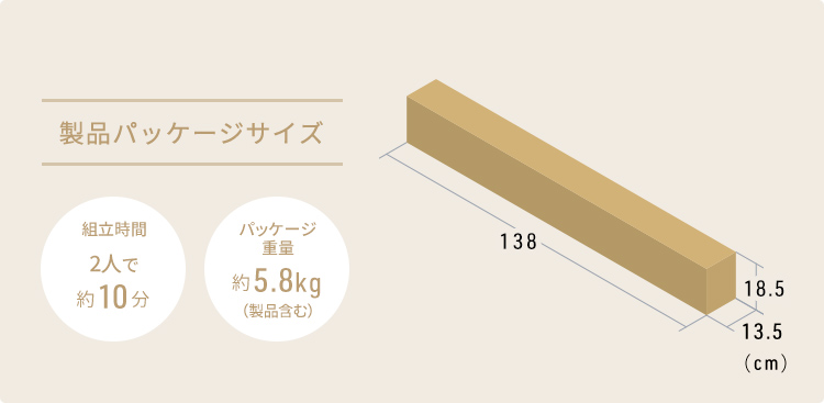 製品パッケージサイズ、組立時間（目安）2人で、約10分、パッケージ重量約5.8kg（製品含む）