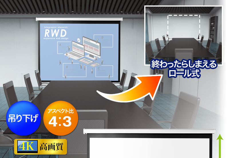 吊り下げ アスペクト比4：3 4K高画質 終わったらしまえるロール式 