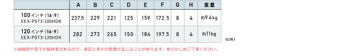 サイズ一覧　※曲線部や若干の個体差があるので、表記と多少の差異が生じることがあります。あらかじめご了承ください。