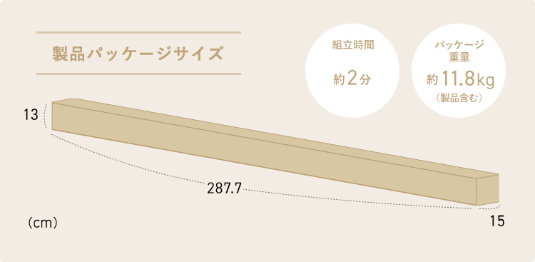 製品パッケージサイズ 組立時間2分 パッケージ重量約9.4kg（製品含む）