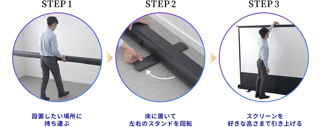 設置したい場所に持ち運ぶ 床に置いて左右のスタンドを回転 スクリーンを好きな高さまで引き上げる