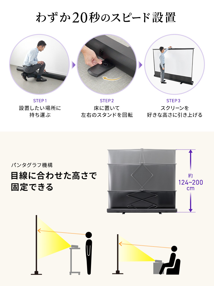設置は、設置したい場所に持ち運んで、床に置き左右のスタンドを回転、スクリーンを好きな高さに引き上げるだけ、わずか20秒のスピード設置。パンタグラフ機構で、目線に合わせた高さで固定できます。