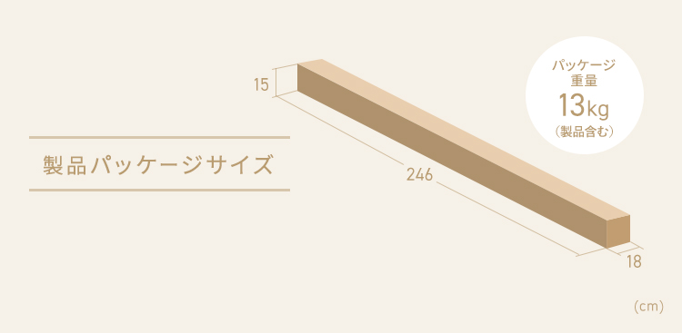 製品パッケージサイズ：幅246cm×奥行き18cm×高さ15cm。パッケージ重量は13kg（製品含む）。