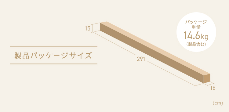 製品パッケージサイズ：幅291cm×奥行き18cm×高さ15cm。パッケージ重量は14.6kg（製品含む）。