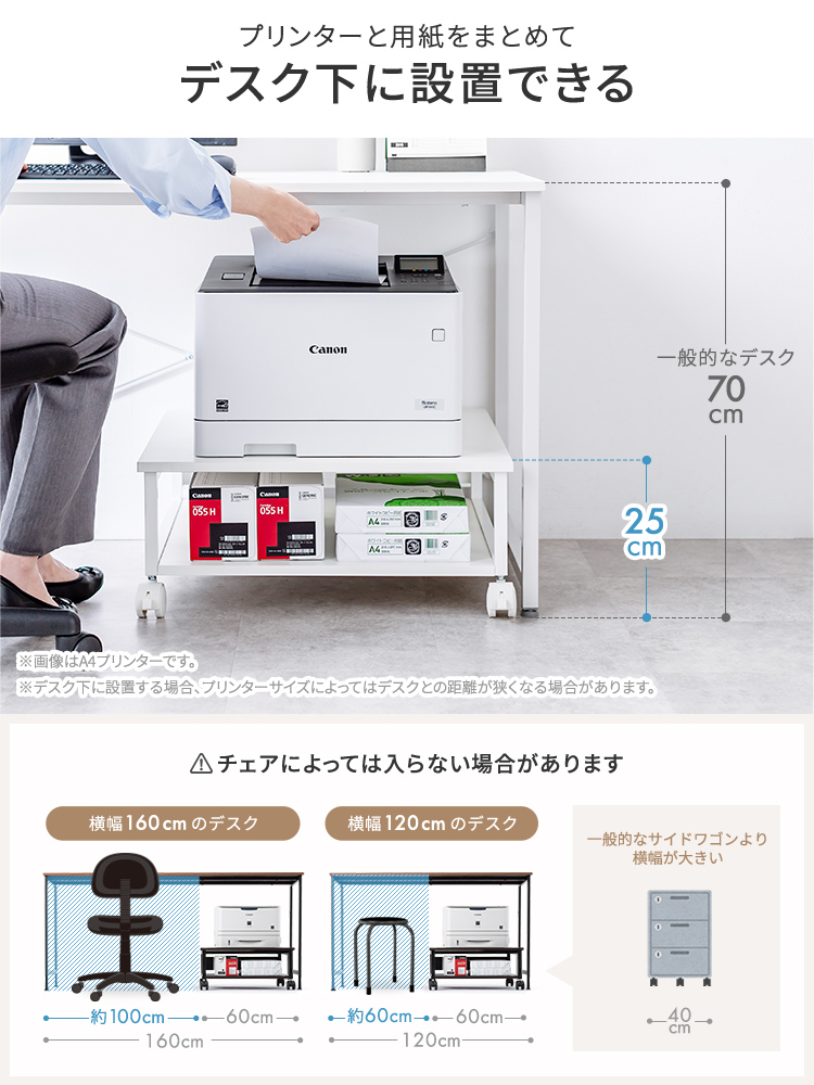 プリンターと用紙をまとめて デスク下に設置できる