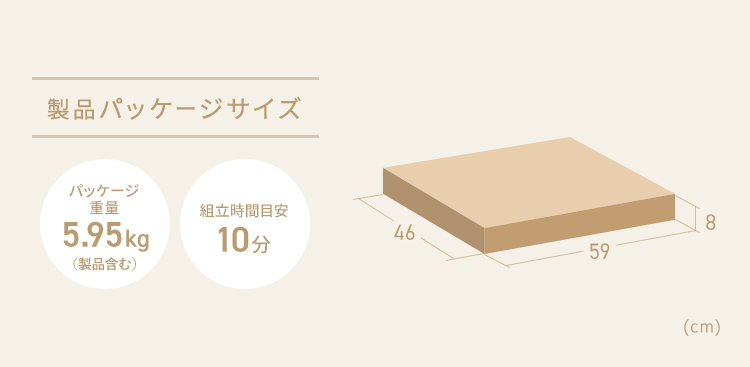 製品パッケージサイズ、パッケージ重量約5.95kg(製品含む)、組立時間目安10分。