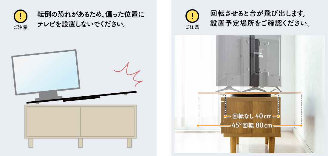 転倒の恐れがあるため、偏った位置にテレビを設置しないでください。 回転させると台が飛び出します。設置予定場所をご確認ください